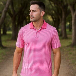 Troon North Golf Polo Shirt Men L Pink/White Striped Performance Travel Athletic